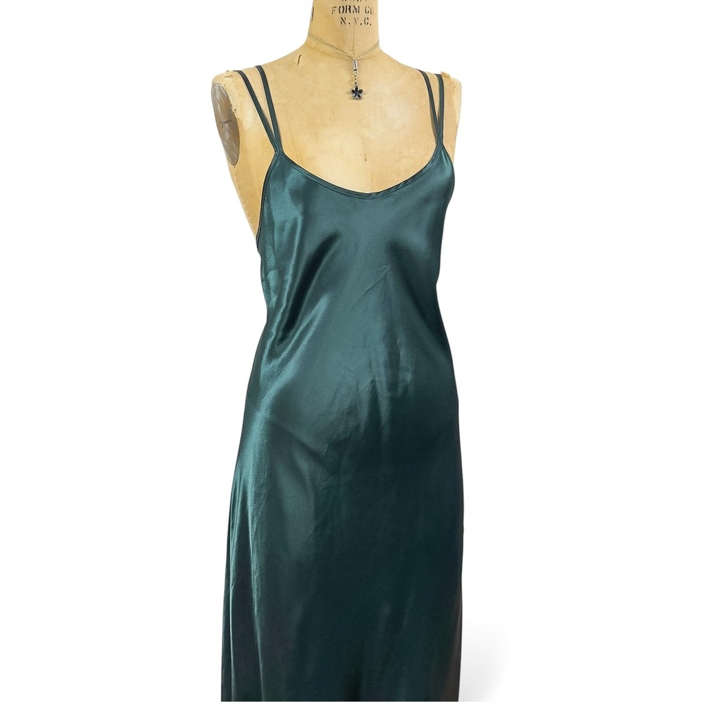 90's Emerald Maxi Slip Dress Strappy Low Back Glam Evening Matallic Size M - Picture 4 of 14